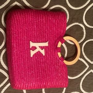 Pink Woven Handbag with Wooden Handles